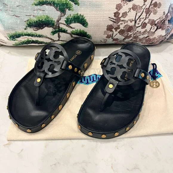 Tory Burch  Studded Black and Gold Flip Flop - Picture 2 of 7